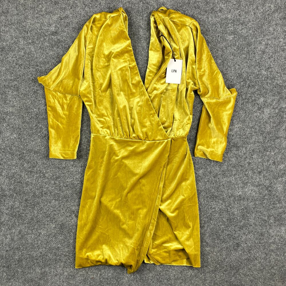 LPA Dress Womens S Gold Velvet Long Sleeve Wrap Deep V Neck Mini Party